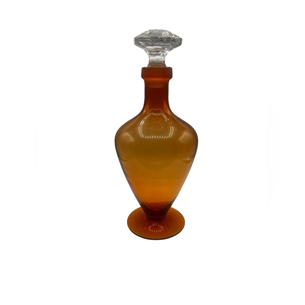 Vtg Cambridge Amber Footed Blown Glass Liquor Decanter w Clear Stopper USA Bar